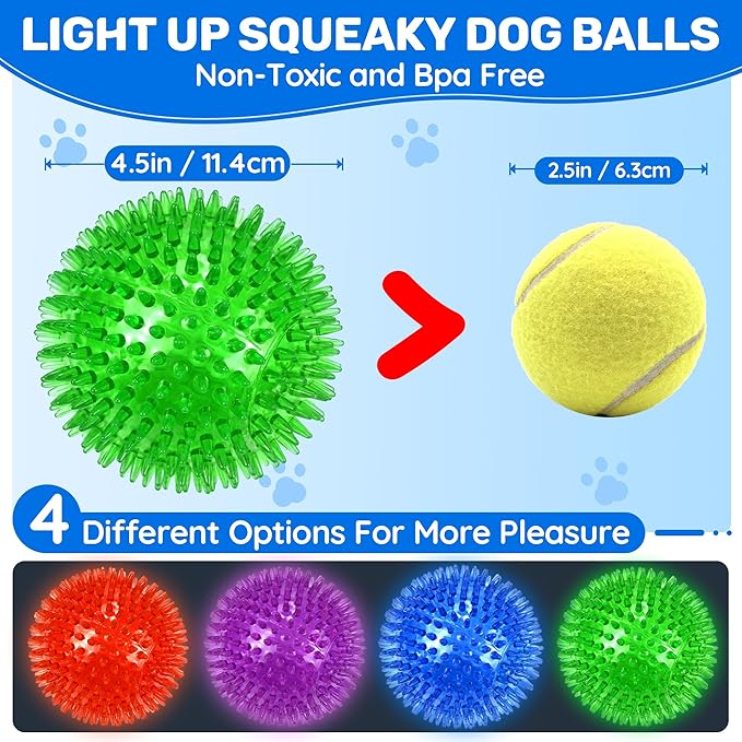 4 Pack 4.5" Light Up Squeaky Dog Balls, Spiky Dog Toy Balls - Image 2
