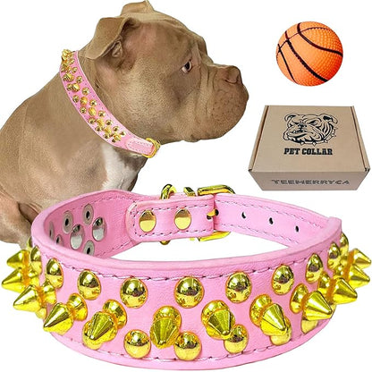 TEEMERRYCA Pink Leather Gold Spiked Studded Dog Collar by TEEMERRYCA