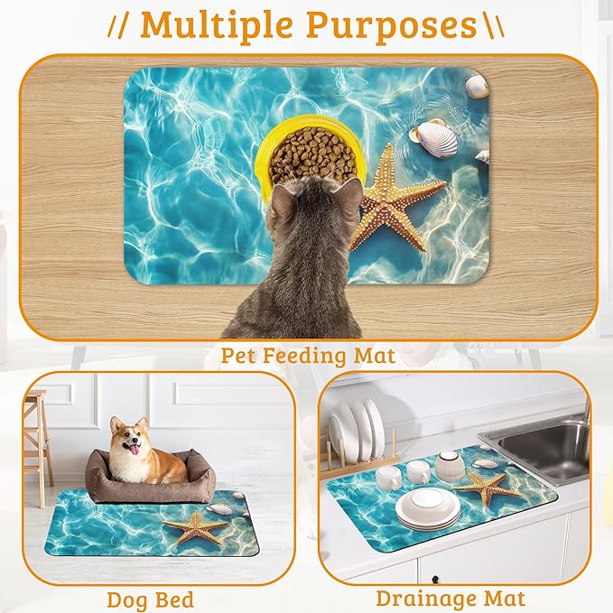 Starfish Shells Dog Cat Food Mat, Sea Beach Absorbent Waterproof Placemat - Image 7