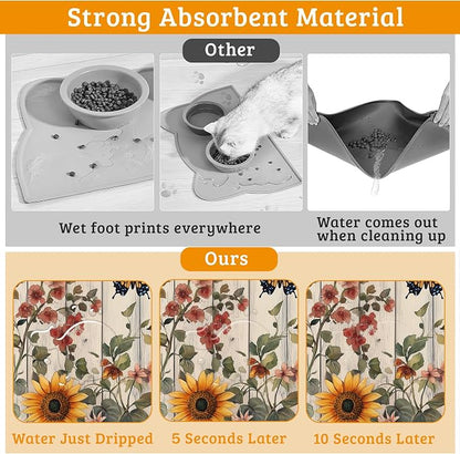 Pet Feeding Mat, Vintage Flower Absorbent Dog Cat Food Mat Rustic Wooden Dog Mat - Image 3