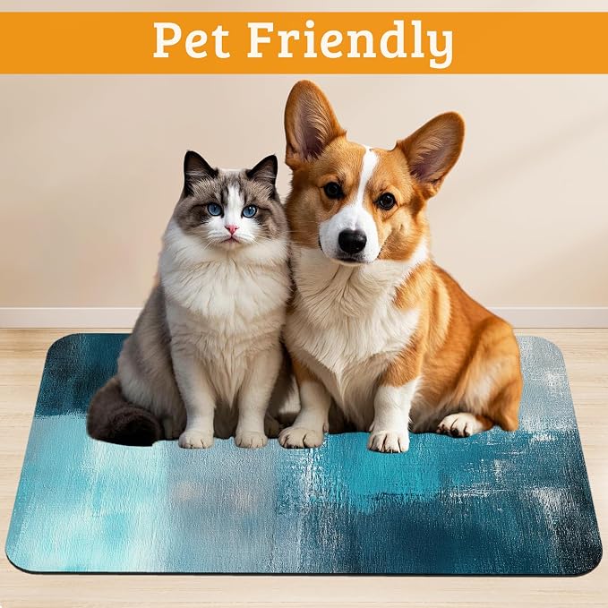 Pet Feeding Mat, Art Painting Absorbent Dog Cat Food Mat Grey Blue Dog Mat - Image 2