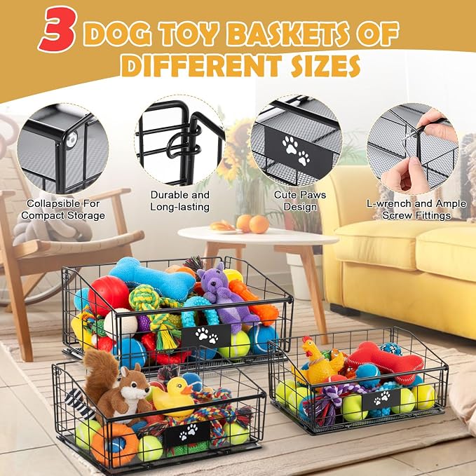 Mimorou 3 Pack Metal Dog Toy Baskets Multi-sized Foldable Dog Toy Bins Box - Image 3