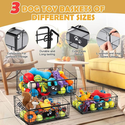 Mimorou 3 Pack Metal Dog Toy Baskets Multi-sized Foldable Dog Toy Bins Box - Image 3
