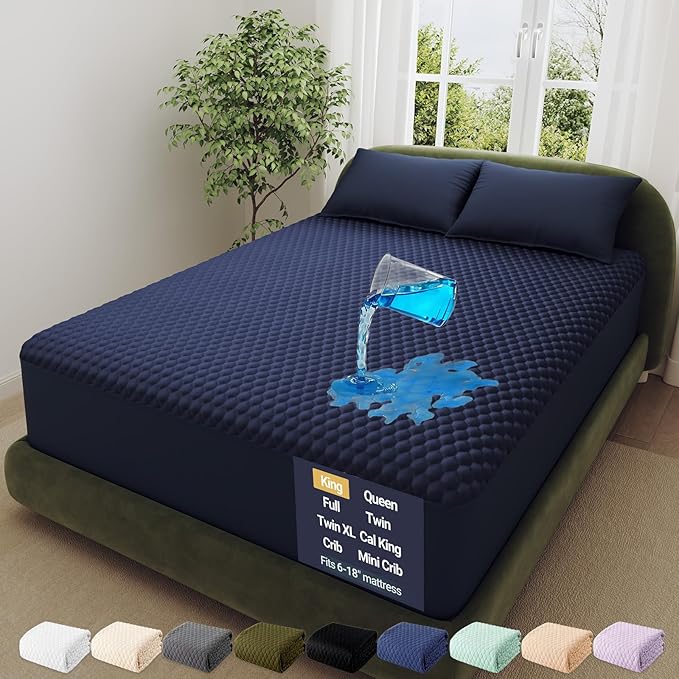 OhGeni 100% Waterproof Mattress Protector, King-Navy Blue Size Mattress Pad by OhGeni