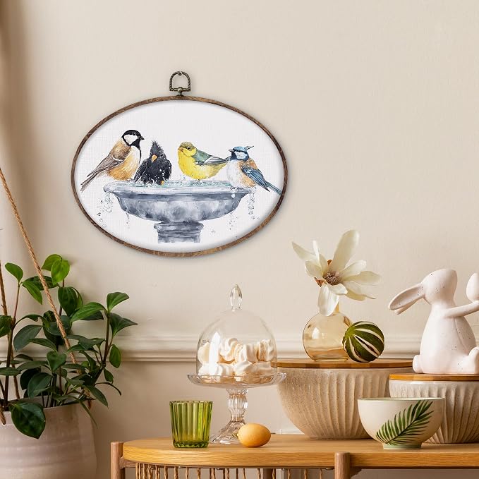 DILSJ Bird Oval Wall Art Decor, Country Bird Bath Canvas Wall Art Framed - Image 3