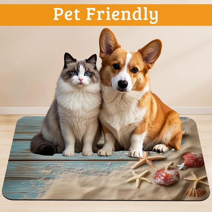 Sand Starfish Dog Cat Food Mat, Wood Board Absorbent Waterproof Placemat - Image 2