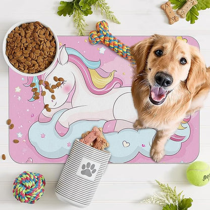 Cute Unicorn Dog Food Mat for Floors, Cloudy Pink Stars Absorbent Pet Food and - Image 7