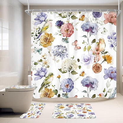 4 PCS Purple Floral Birds Bathroom Set - Image 3