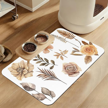 Floral Palm Leaves Dog Cat Food Mat–Christmas Stocking Absorbent Waterproof by LUTASER