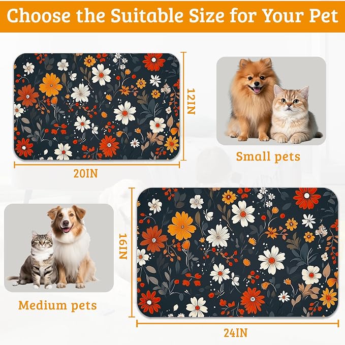 Floral Black Feeding Mat, Absorbent Quick-Dry Cat Dog Food and Water Bowl Mats - Image 6