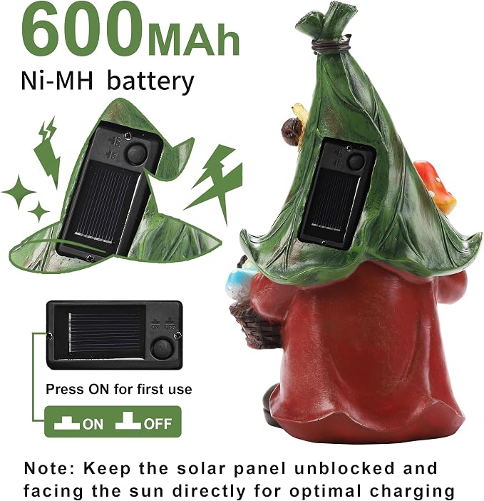 Gnome Solar Garden Statue with 3 LED Lights, Mushroom-Picking Gnome Statue - Image 3