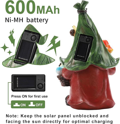 Gnome Solar Garden Statue with 3 LED Lights, Mushroom-Picking Gnome Statue - Image 3