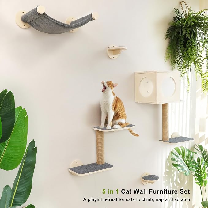 FUKUMARU Cat Wall Shelves, 5-Piece Stable Wooden Wall-Mounted Furniture Set - Image 2