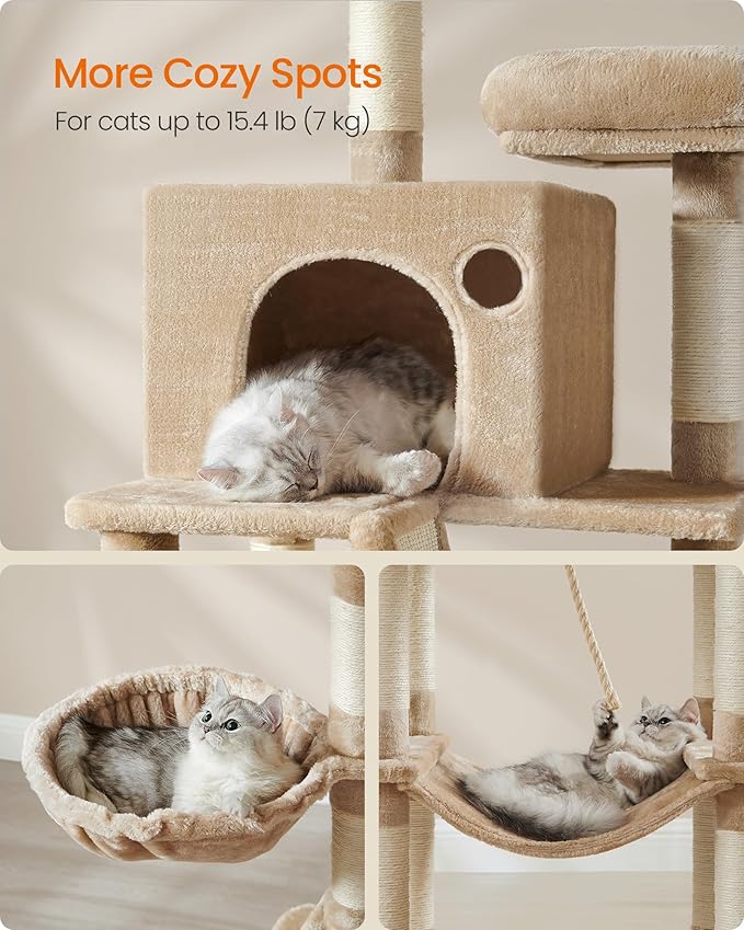 Feandrea Cat Tree, 81.1-Inch Large Cat Tower, 2 Perches, 2 Caves, Camel Brown - Image 4