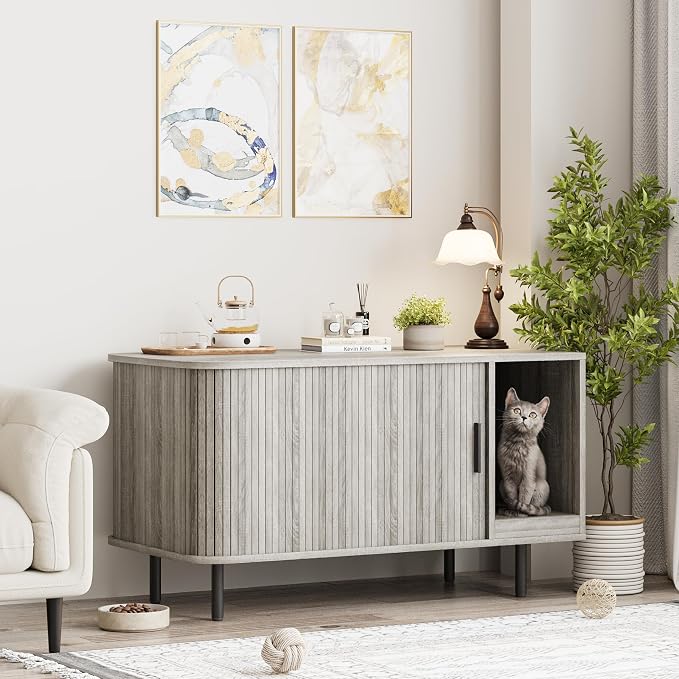 Cat Litter Box Enclosure with Cat Scratch Pad, Sliding Door, 37.4" Litter Box - Image 8
