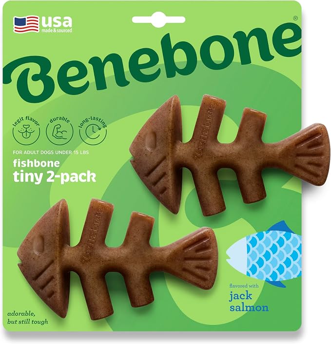 Benebone Tiny 2-Pack Fishbone Durable Dog Chew Toys, Real Fish Flavor, Made in by Benebone