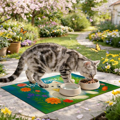 Welcome Spring Pet Feeding Mat 24" x 16"White Dog Floral Design Non Slip Cat - Image 8