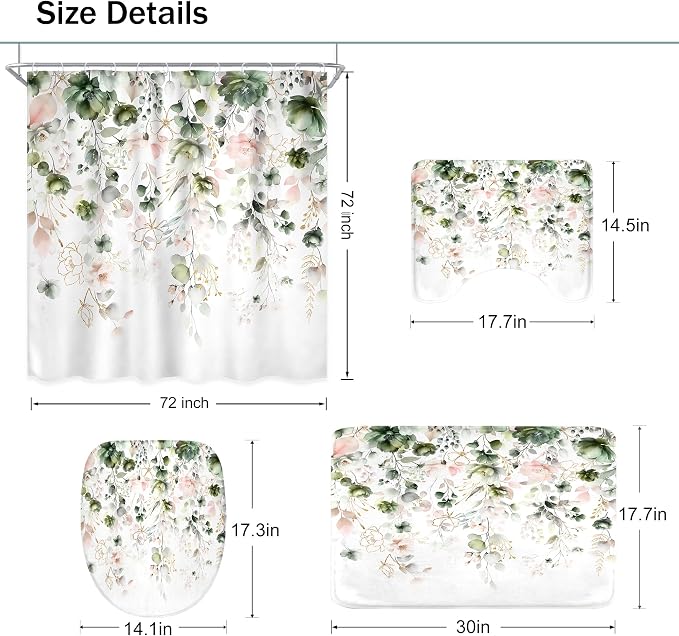 4 PCS Green Pink Floral Flower Shower Curtain Set 72Wx72H Inch Watercolor - Image 4