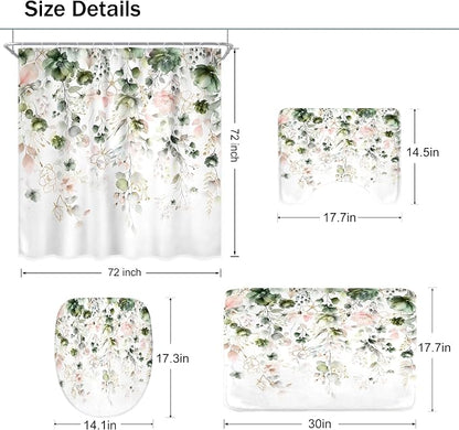 4 PCS Green Pink Floral Flower Shower Curtain Set 72Wx72H Inch Watercolor - Image 4