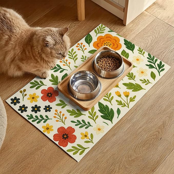 Trendy Flower Pattern Pet Feeding Mat Spill-Proof Feood Pad - Image 2
