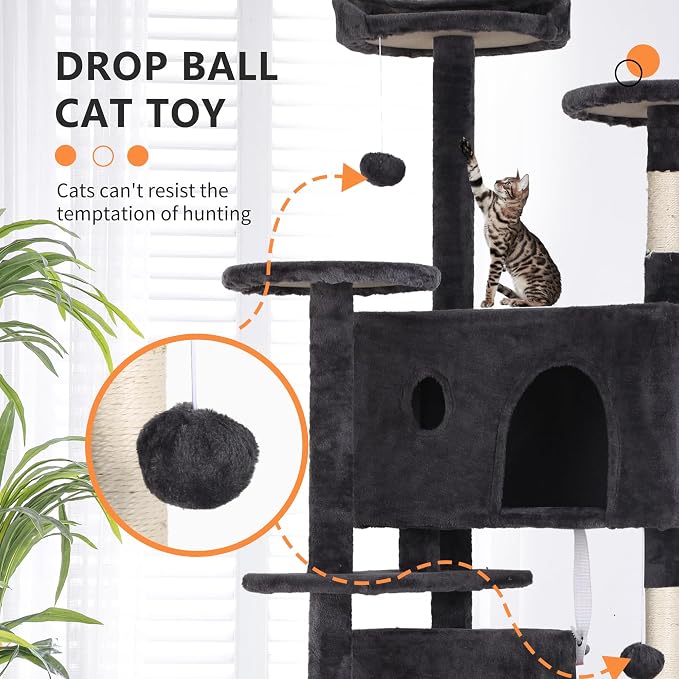 BestPet | 70" Cat Tree Tower | Dark Gray | Sturdy, Hanging Cat Toys, - Image 3