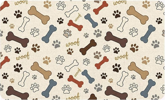 Dog Feeding Mat 20 x 12 Inch, Neutral Paw Bone Woof Dog Placemat Absorbent by Romart