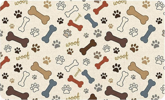 Dog Feeding Mat 20 x 12 Inch, Neutral Paw Bone Woof Dog Placemat Absorbent by Romart
