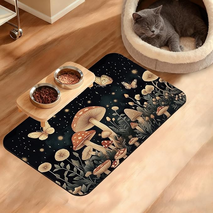 Fantasy Mushroom Dog Cat Food Mat, Butterfly Stars Absorbent Waterproof Placemat by Unknown