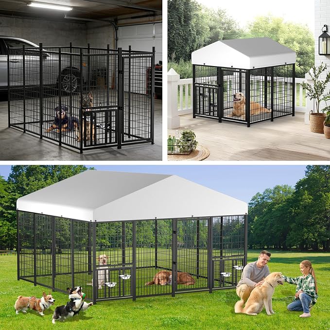 LOVMOR Outdoor Dog Kennel with Roof, Heavy Duty Steel Dog Run Enclosure - Image 7