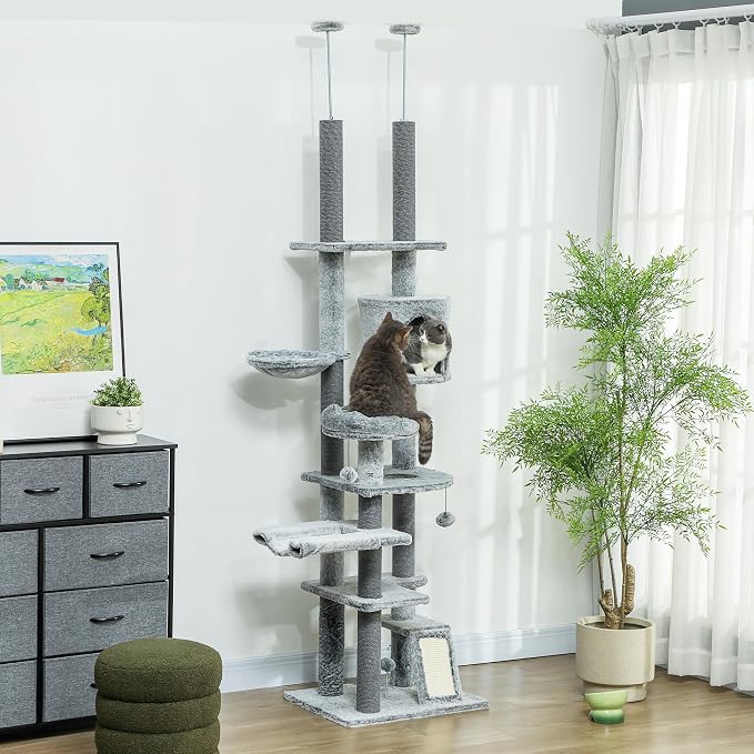 PawHut Floor to Ceiling Cat Tree, Scratching Posts & Ramp - Image 2