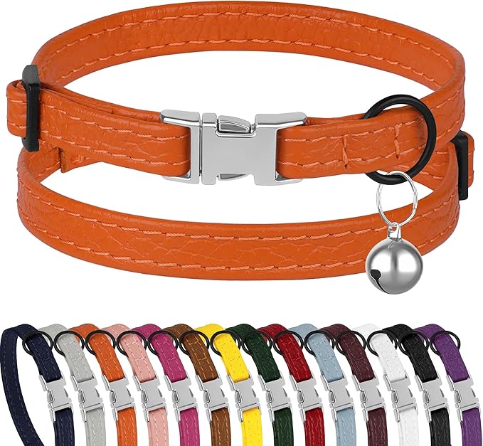 Leather Cat Collar with Buckle and Removable Bell by BUDKAS