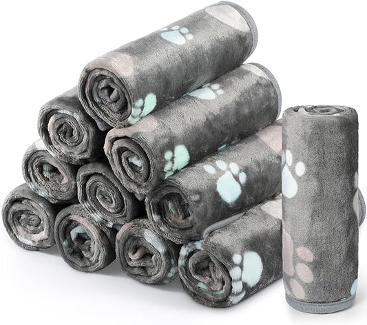 Tegeme 12 Pcs Pet Blankets Soft Fluffy Fleece Dog Cat Warm Paw Print Pattern by Tegeme