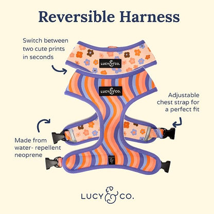 Lucy & Co. Purple with Coral Floral Wave, Cute Reversible Dog Harness Walking - Image 2