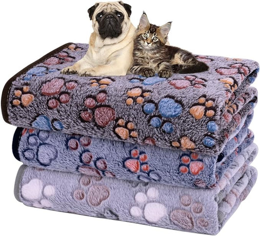 Dono 1 Pack 3 Dog Blankets for Small Dogs, Soft Fluffy Paw Print Pattern Fleece by Dono