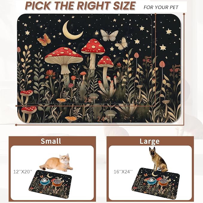 Red Mushrooms Pet Feeding Mat, Wildflower Plant Butterfly Absorbent Quick-Dry - Image 2
