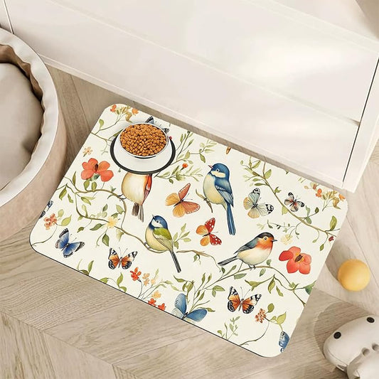 Butterfly Bird Dog Food Mat for Floors, Vintage Nature Absorbent Pet Food and by Unknown