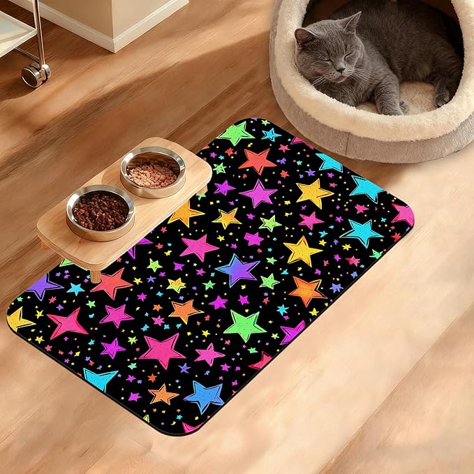 Neon Stars Dog Food Mat, Bright Colorful Absorbent Pet Feeding Mat by Unknown