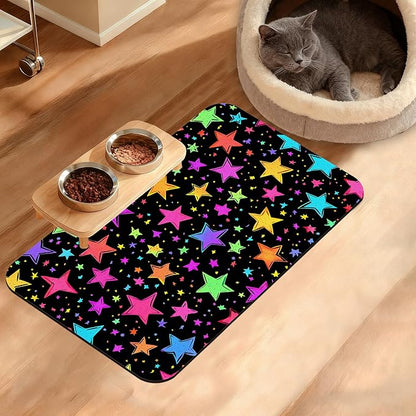 Neon Stars Dog Food Mat, Bright Colorful Absorbent Pet Feeding Mat by Unknown