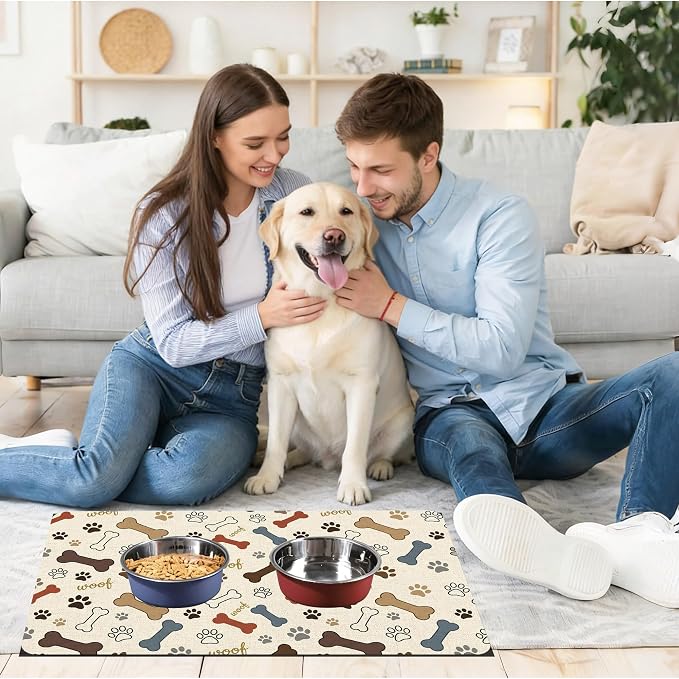 Dog Feeding Mat 20 x 12 Inch, Neutral Paw Bone Woof Dog Placemat Absorbent - Image 4