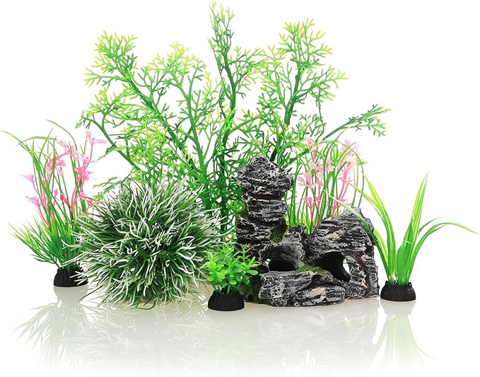 JIH Aquarium Fish Tank Plastic Plants and Cave Rock Decorations Decor Set 7 by JIH