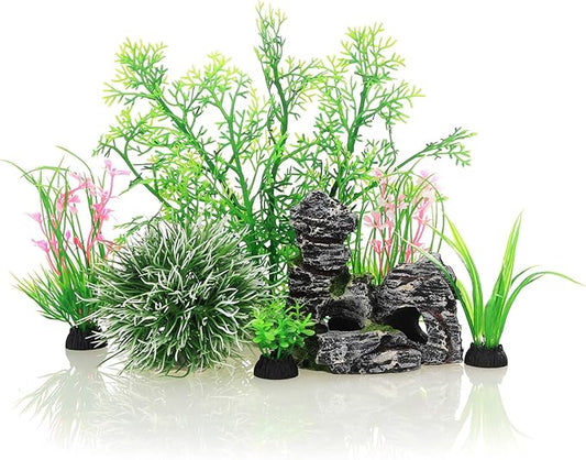 JIH Aquarium Fish Tank Plastic Plants and Cave Rock Decorations Decor Set 7 by JIH