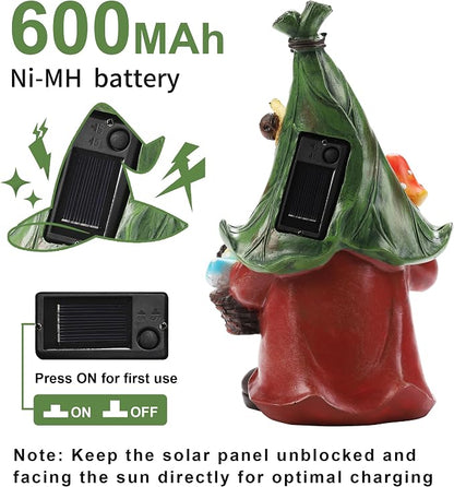 Mushroom-Picking Gnome Solar Garden Statue - Image 3