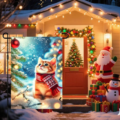 Christmas Garden Flag Winter Flag Cute Kitten Scarf Snow Scene Outdoor Yard - Image 2