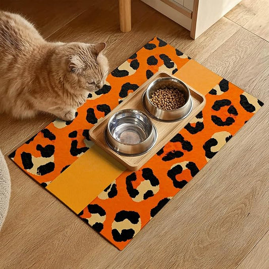 Puppy Feeding Mat 24x16 inch Orange Leopard Print Pet Bowl Placemat Non Slip - Image 2