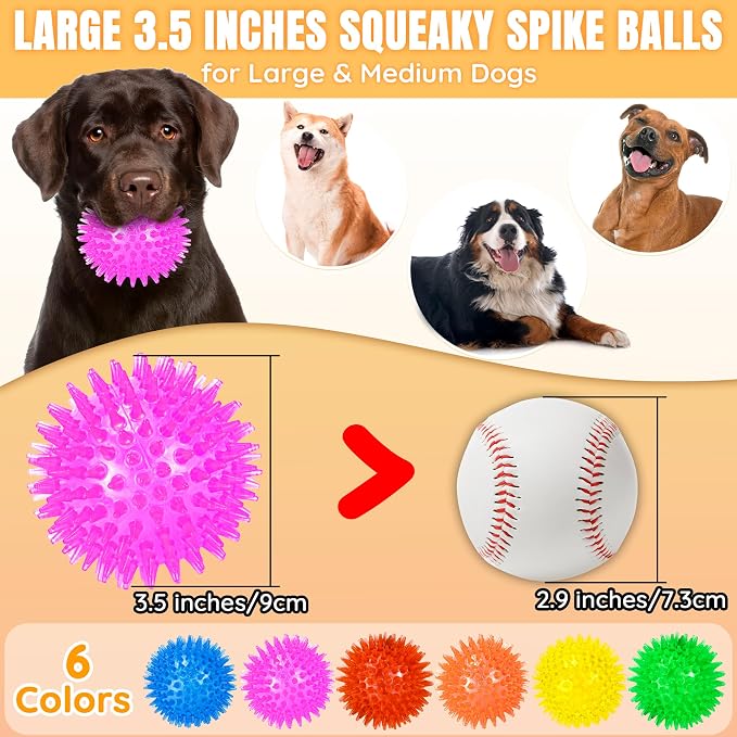 6-Pack 3.5” Squeaky Dog Balls, Durable Soft Spiky Chew Rubber Fetch Toy Balls - Image 4