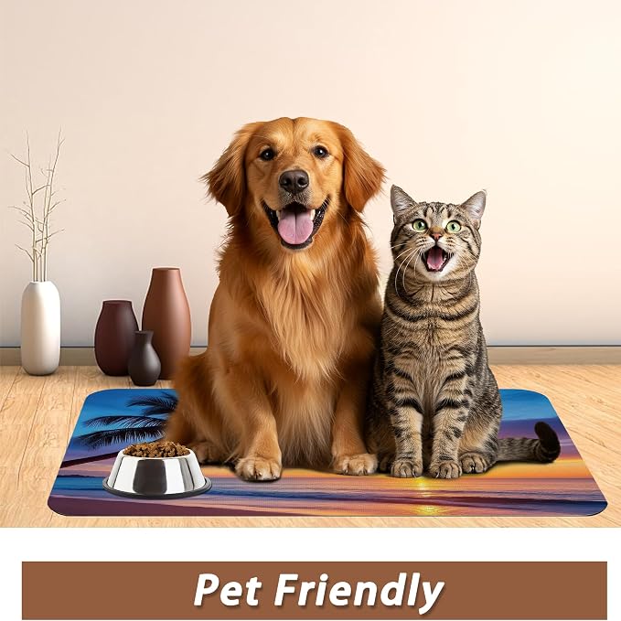 Tropical Palm Pet Feeding Mat, Sunset Trees Sea Beach Absorbent Quick-Dry Cat - Image 6
