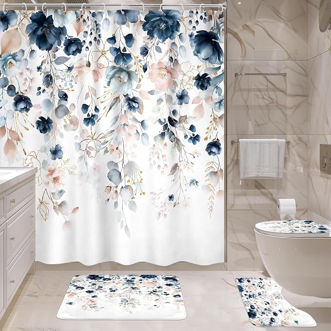 4 PCS Navy Blue Floral Flower Shower Curtain Set 72Wx72H Inch Watercolor Pastel - Image 3