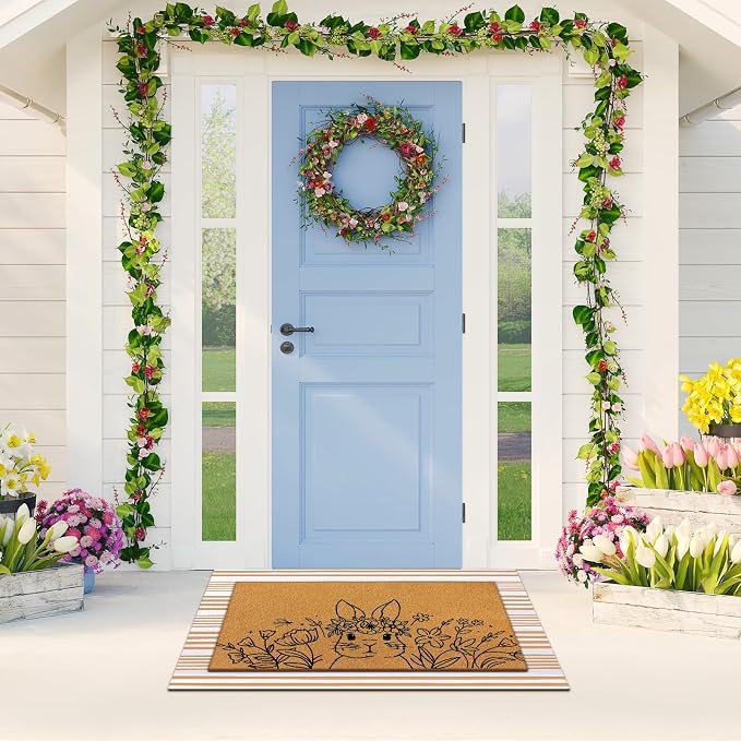 Tinideya 2 Pcs Easter Day Door Mat Welcome Outdoor Non Slip Coir Mats Flower - Image 6