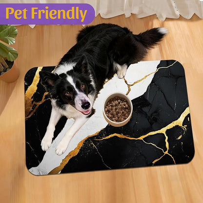 Black Gold Marble Dog and Cat Food Mat, Absorbent Feeding Placemat, Waterproof - Image 7