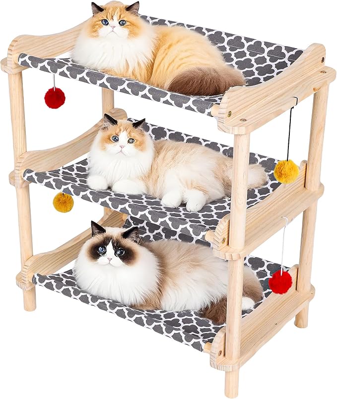 Large 3-Layer Cat Hammock Bed, Breathable Washable Covers, Wooden Pet Furniture by MITREL